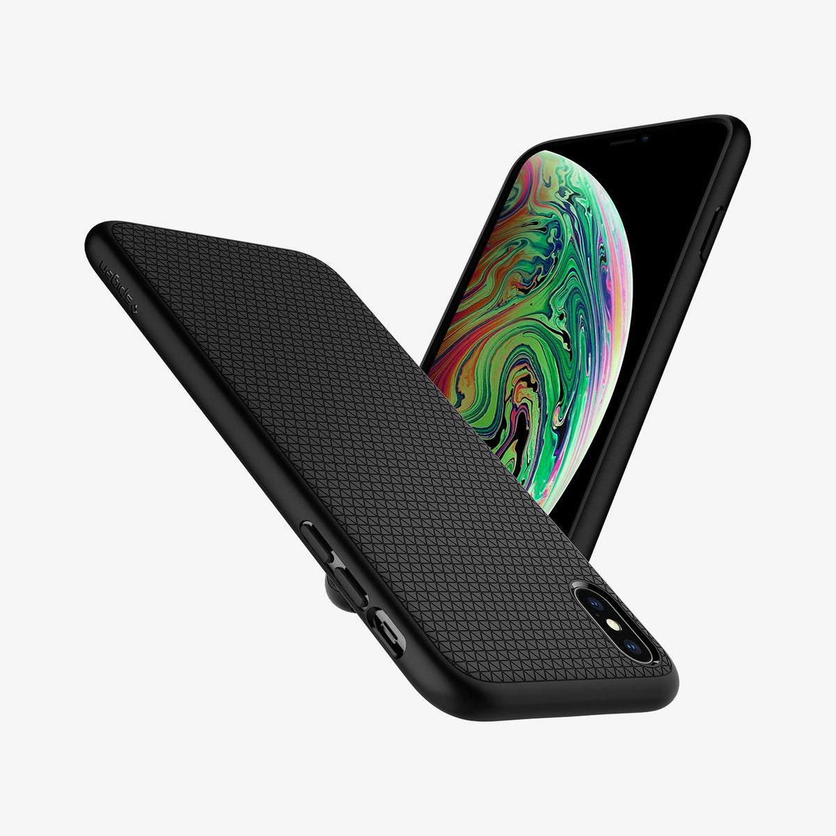 065CS25126 - iPhone XS Max Case Liquid Air in Matte Black showing the back, partial side of an upside down beside it, showing front and side