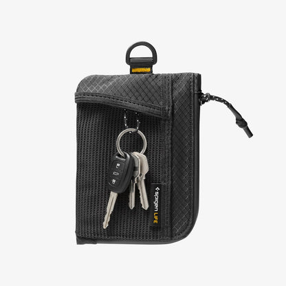 AFA11229 - Soft Card Holder | LF300 in Black showing front view with mesh pocket exterior displaying a car key fob and two metal keys on a keyring, zipper closure with pull tab, D-ring attachment loop at top, and diamond-pattern ripstop fabric upper panel with Spigen Life branding label.