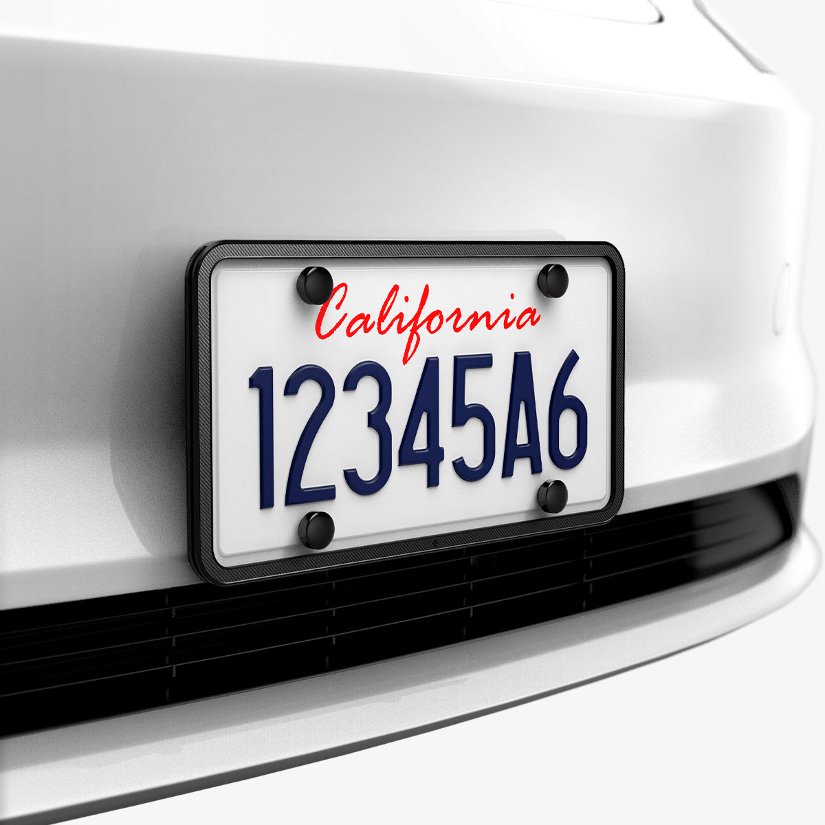 ACP08684 - License Plate Frame | LP100 in Black showing the front and sides installed to a car