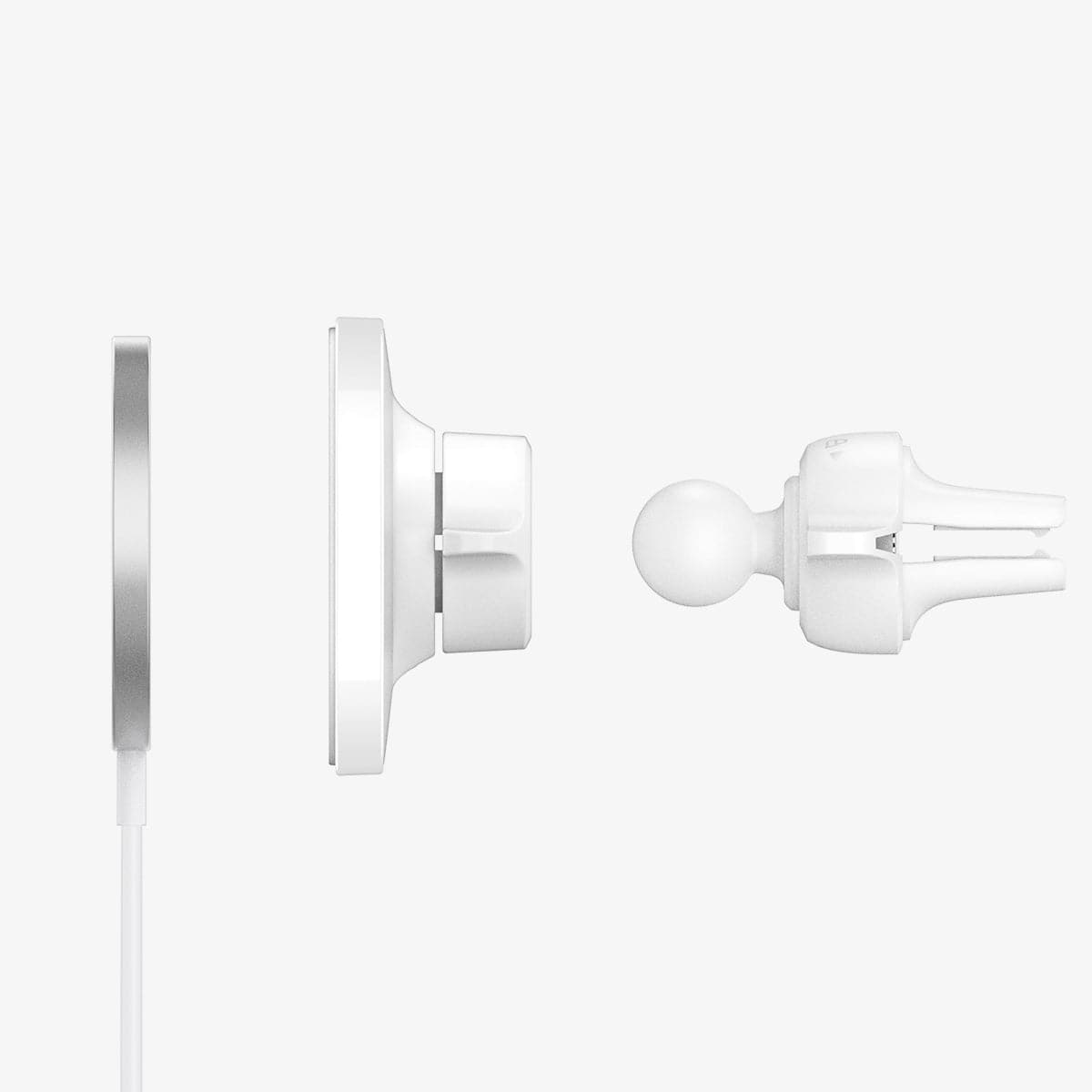 ACP03163 - MagFit Car Mount (MagFit) in white showing the multiple parts of mount hovering behind magsafe charger