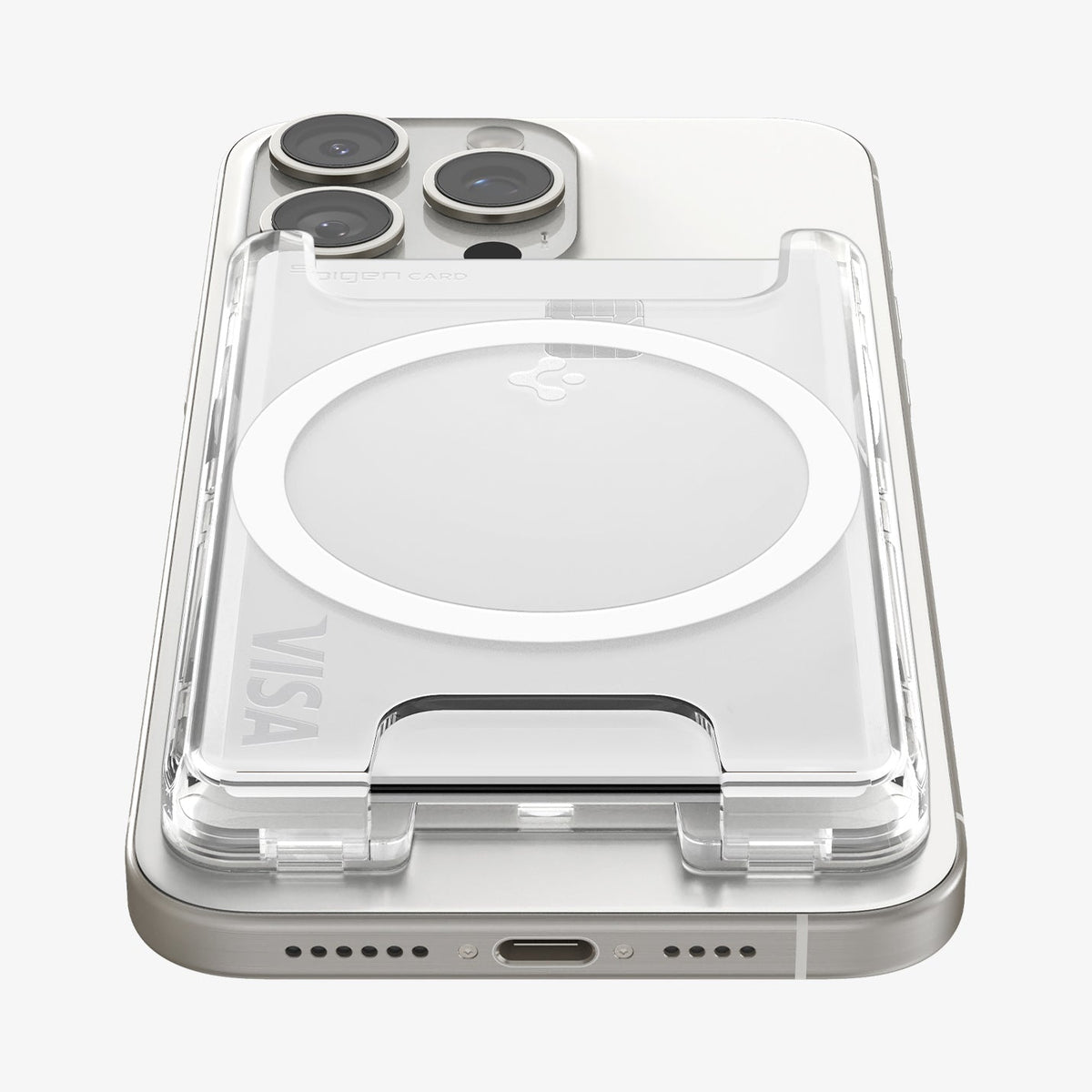 AFA08888 - Ultra Hybrid MagFit+ Wallet (MagFit) in Crystal Clear showing the front, partial bottom of the wallet case attached to the back of the device with card inserted