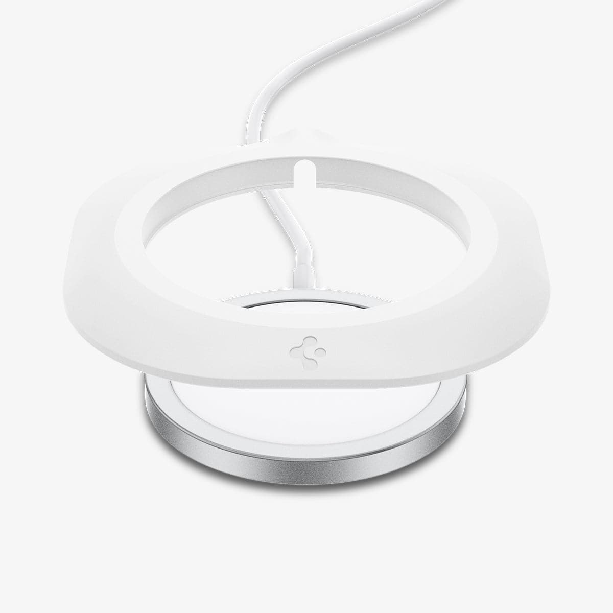 AMP03709 - MagFit in white showing the front with station hovering above the magsafe charger