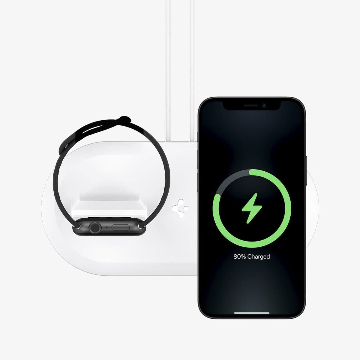AMP02797 - Mag Fit Duo in white showing the top view with iPhone and Apple Watch charging