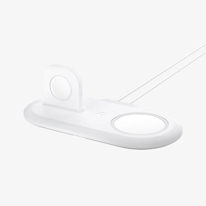 AMP02797 - Mag Fit Duo in white shown with MagSafe charger and Apple Watch charger placed in designated areas