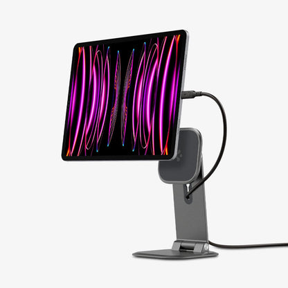 AMP06414 - OneTap Easel Magnetic Stand (MagFit) in black showing the front and side with charging cable going through stand and attached to ipad hovering in front