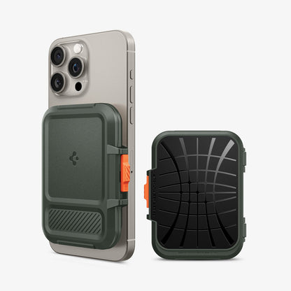 AFA08528 - MagSafe Card Holder Lock Fit (MagFit) in Military Green showing the back and front attached to the back of the device