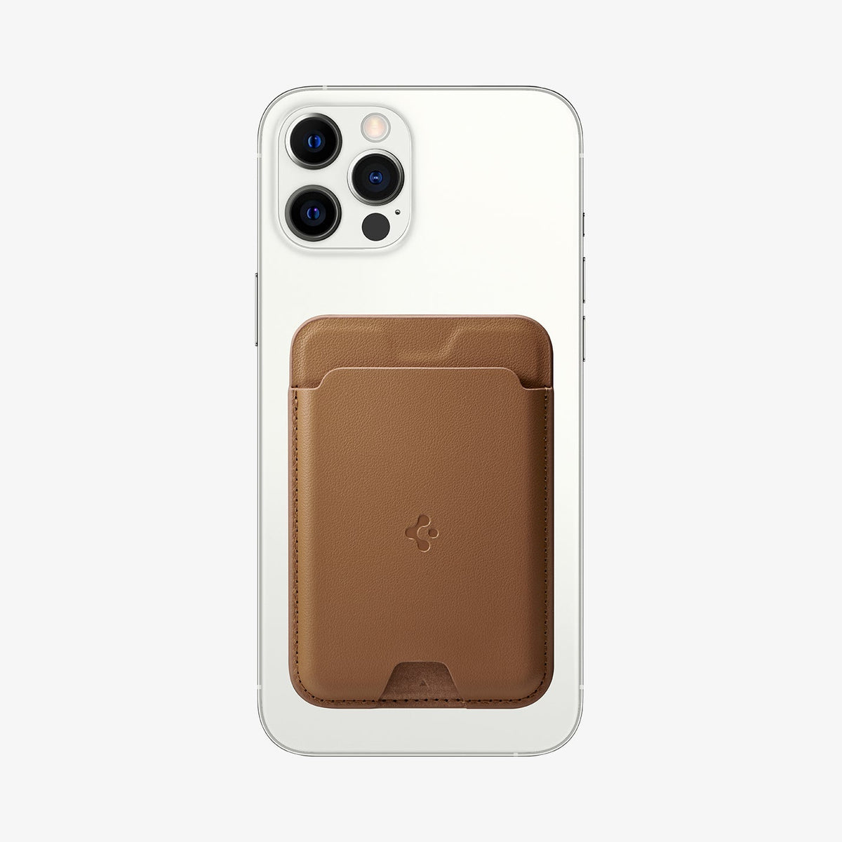 AFA03854 - MagSafe Card Holder Valentinus (MagFit) in brown showing the card holder attached to back of device