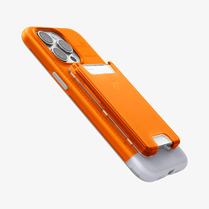 AFA08574 - MagSafe Card Holder Classic C1 (MagFit) in Tangerine showing the side and partial front attached to the back of the device showing side and partial bottom