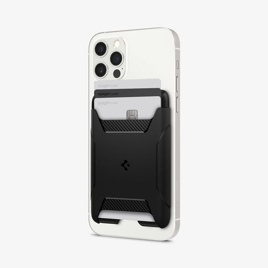 AFA07150 - MagSafe 3 Card Holder Rugged Armor (MagFit) in Black showing the front and partial side of a card holder with 3 cards inserted and attached to the back of a device