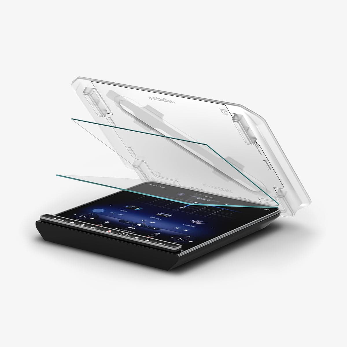 AGL03148 - Mercedes S-Class Screen Protector EZ FIT GLAS.tR showing the ez fit tray and screen protector being installed onto touch screen display