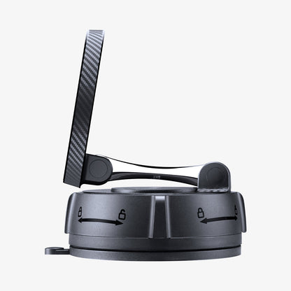 ACP11658 - Spigen Magnetic Car Mount (Mag Fit) MFT 36-1 showing the side profile of the mount with the magnetic ring tilted at an angle from the suction base