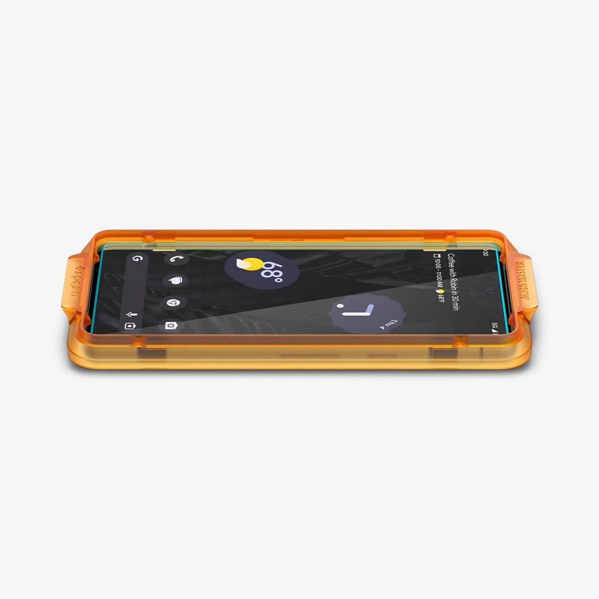AGL05968 - Pixel 7a Screen Protector AlignMaster GLAS.tR showing the device laying flat and alignment tray installed onto device