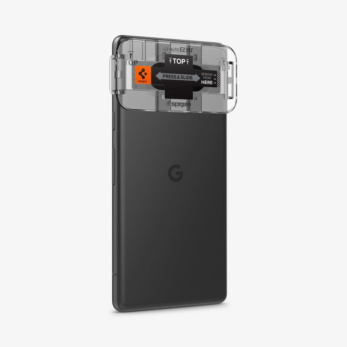 AGL05970 - Pixel 7a Glas.tR EZFit Optik Lens Protector in black showing the back and side with ez fit tray installed on device camera