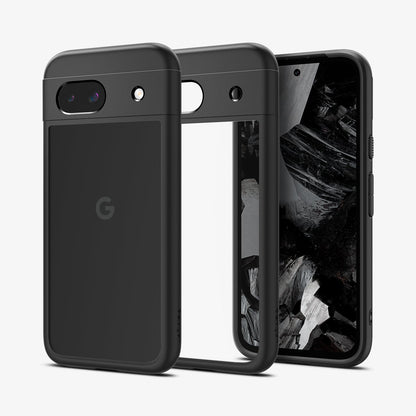 ACS07262 - Pixel 8a Case Ultra Hybrid in Matte Black showing the back, partial side, in the middle a clear case and next to it, a partial front and side