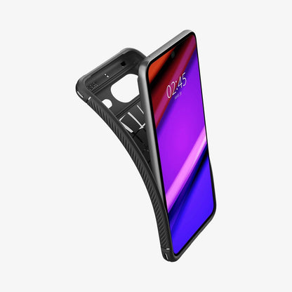 ACS06277 - Pixel 8 Case Rugged Armor in matte black showing the case bending away from device to show the flexibility