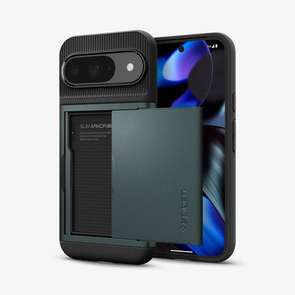 ACS07696 - Pixel 9 Pro Case Slim Armor CS in Abyss Green showing the back, card slider open, and behind it, a device showing partial front and sides