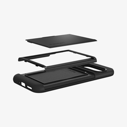 ACS07695 - Pixel 9 Pro Case Slim Armor CS in Black showing the back cover hovering above the frame and back case
