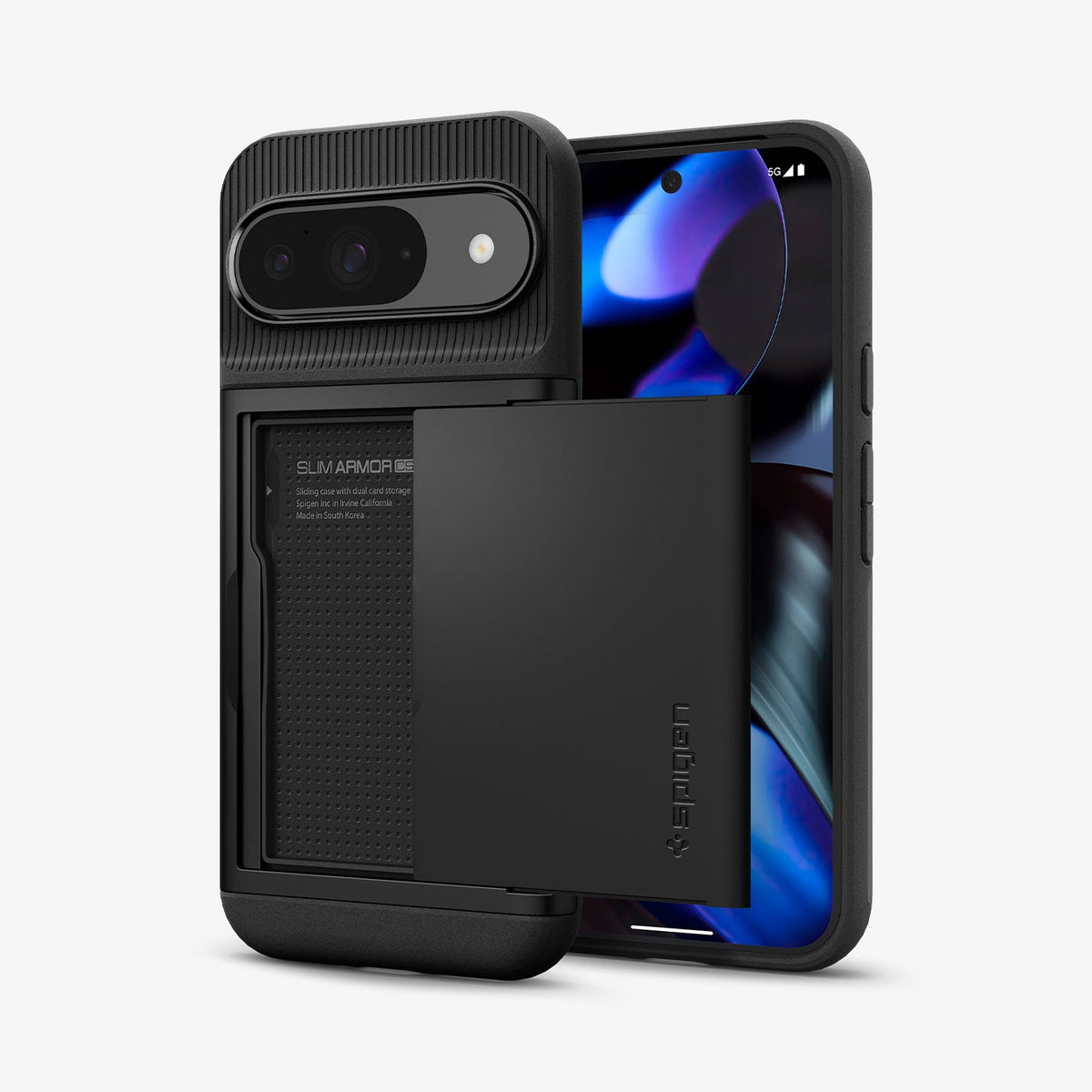 ACS07695 - Pixel 9 Pro Case Slim Armor CS in Black showing the back, card slider open, and behind it, a device showing partial front and sides