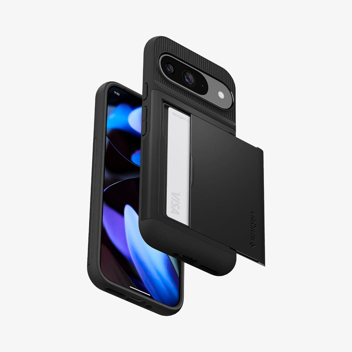 ACS07695 - Pixel 9 Pro Case Slim Armor CS in Black showing the back, with cards inside slider partially open, hovering in front of the device showing front, sides and bottom
