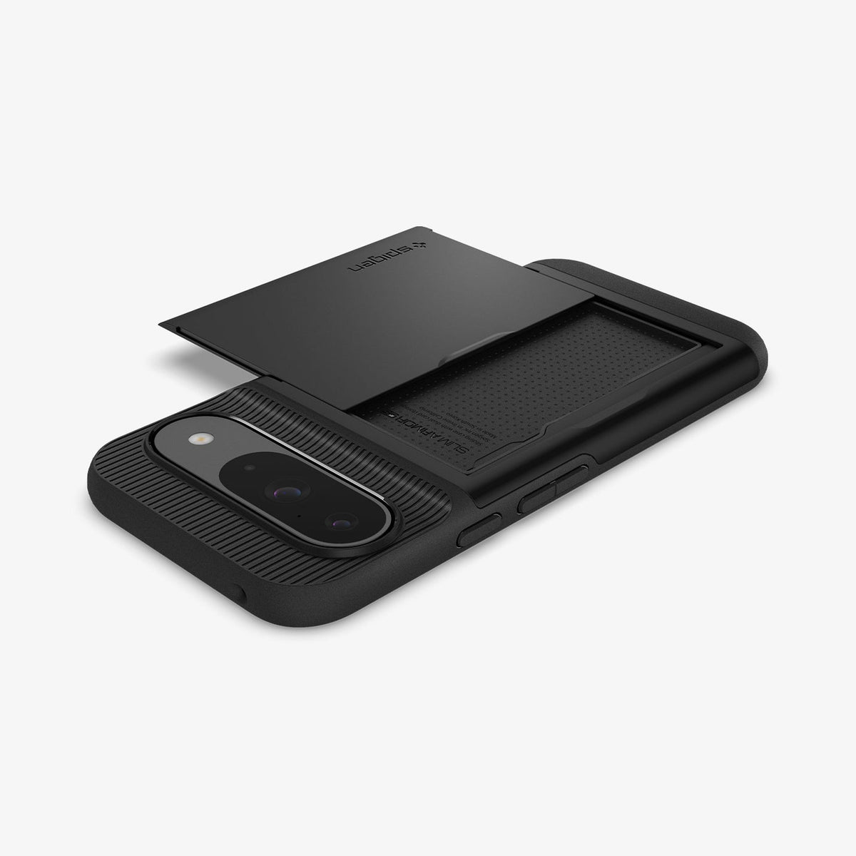 ACS07695 - Pixel 9 Pro Case Slim Armor CS in Black showing the back, card slider open on a flat surface