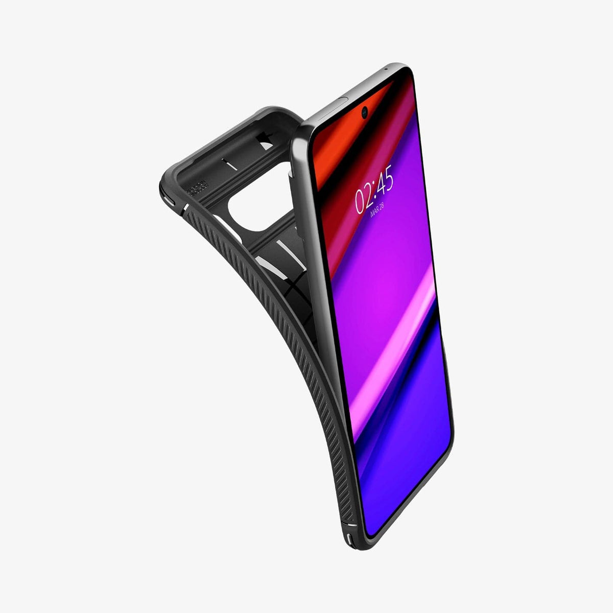 ACS06314 - Pixel 8 Pro Case Rugged Armor in matte black showing the case bending away from device to show the flexibility