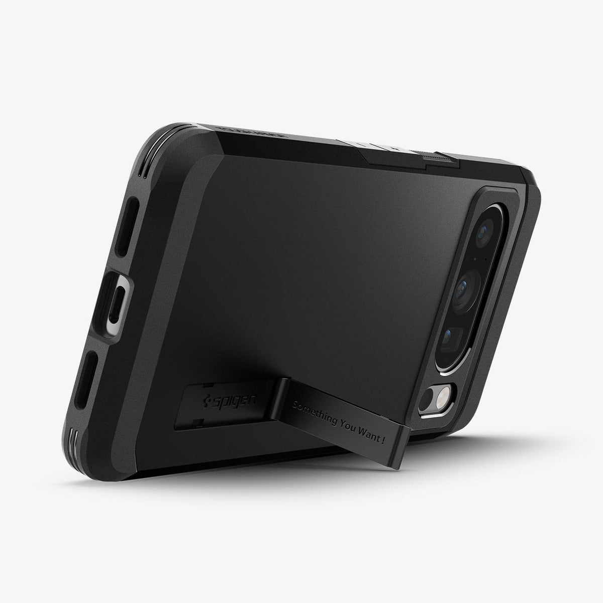 ACS06319 - Pixel 8 Pro Case Tough Armor in black showing the back and bottom with device propped up by built in kickstand