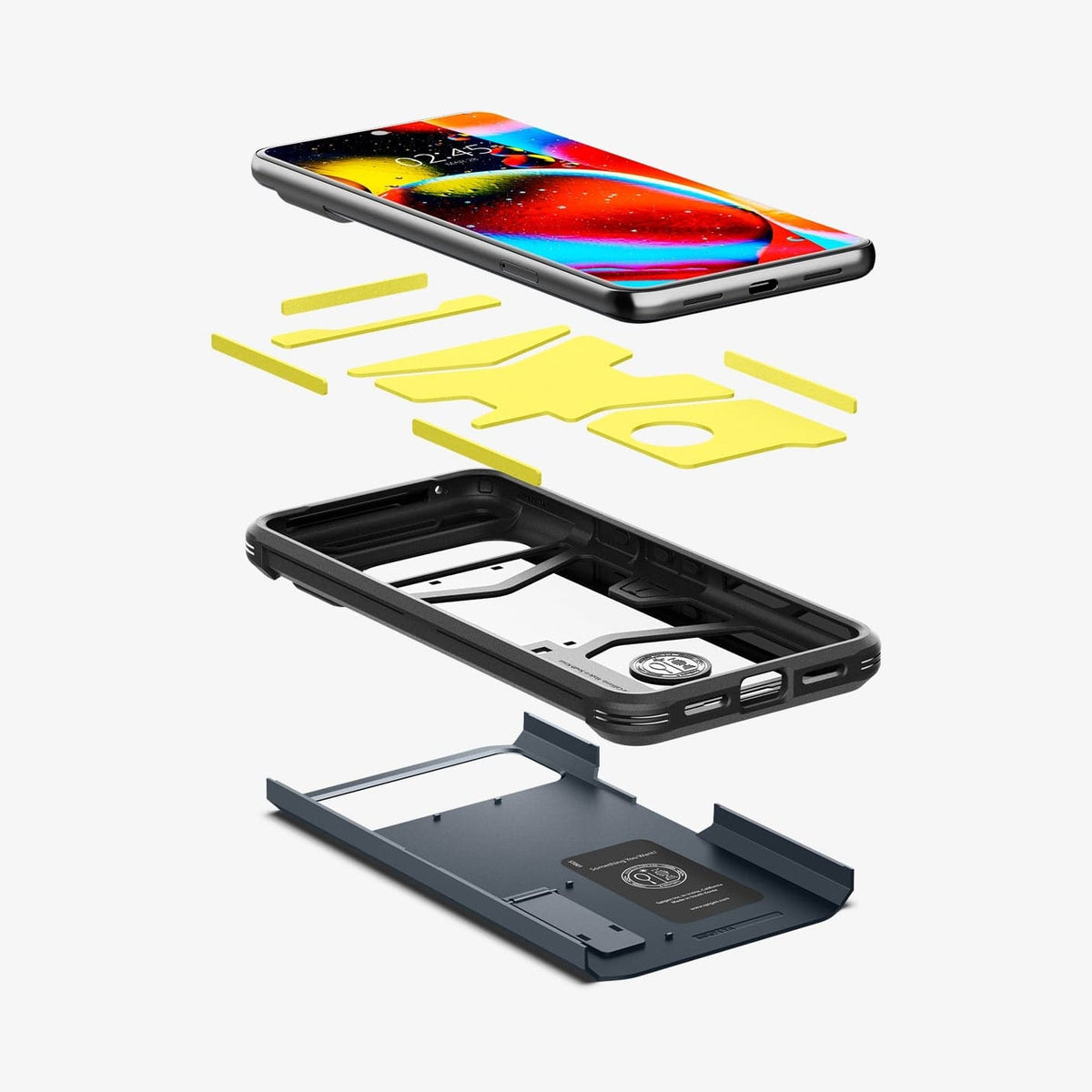 ACS06320 - Pixel 8 Pro Case Tough Armor in metal slate showing the hard pc, soft tpu, impact foam and device