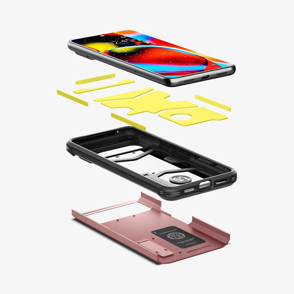 ACS06321 - Pixel 8 Pro Case Tough Armor in rose gold showing the hard pc, soft tpu, impact foam and device