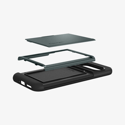 ACS07730 - Pixel 9 Pro XL Case Slim Armor CS in Abyss Green showing the back cover hovering above the frame and back case