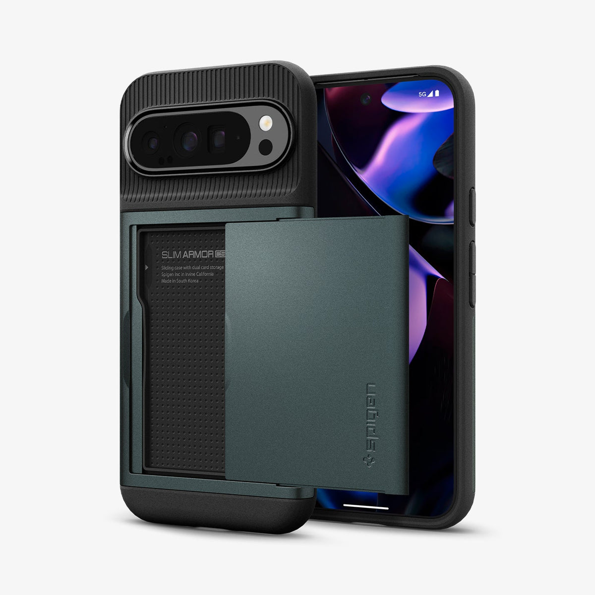 ACS07730 - Pixel 9 Pro XL Case Slim Armor CS in Abyss Green showing the back, card slider open, and behind it, a device showing partial front and sides