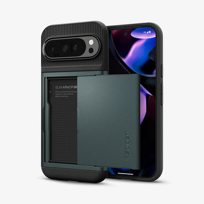 ACS07730 - Pixel 9 Pro XL Case Slim Armor CS in Abyss Green showing the back, card slider open, and behind it, a device showing partial front and sides
