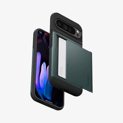 ACS07730 - Pixel 9 Pro XL Case Slim Armor CS in Abyss Green showing the back, with cards inside slider partially open, hovering in front of the device showing front, sides and bottom