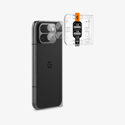 AGL09107 - Pixel 9 Pro Fold Optik EZ Fit Lens Protector in Crystal Clear showing the installation tray hovering in front of the lens protectors and the device