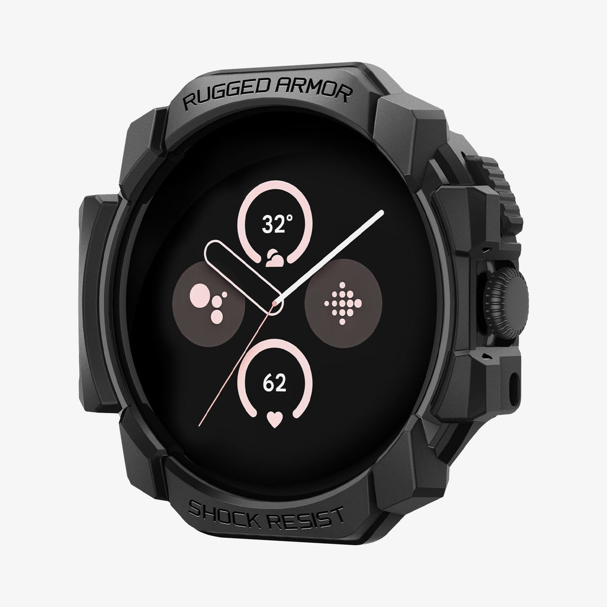ACS07555 - Pixel Watch 3 (41mm) Rugged Armor in Matte Black showing the front of pixel watch head with the case on