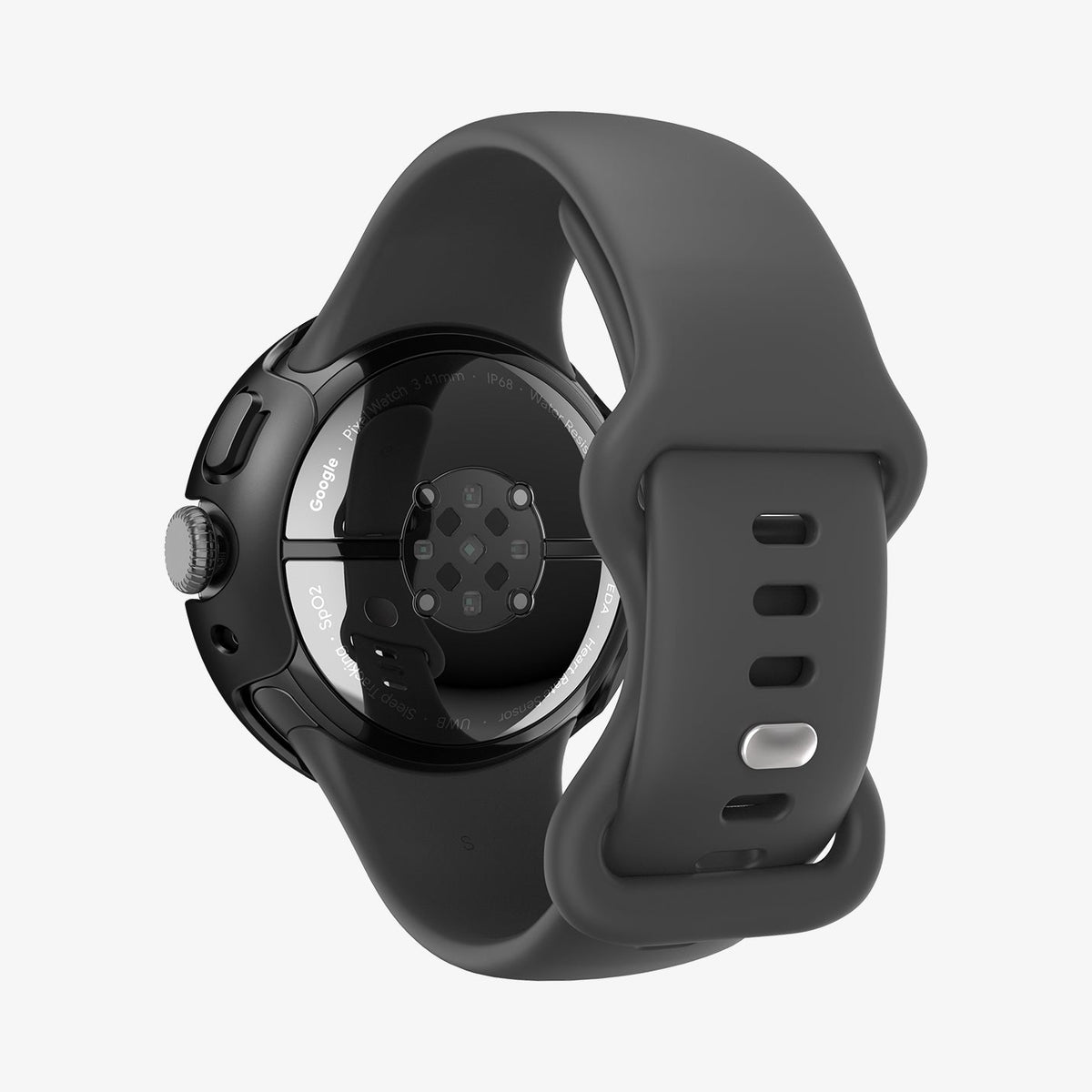ACS07392 - Pixel Watch 3 (41mm) Case Thin Fit in Black showing the back, partial side installed on a watch