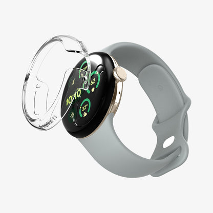 ACS07391 - Pixel Watch 2 Case Thin Fit in Crystal Clear showing the front, partial inner and sides of the watch case hovering infront of the watch