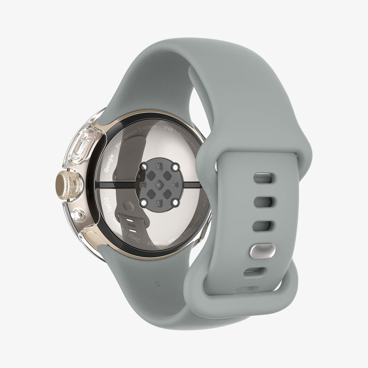 ACS07391 - Pixel Watch 2 Case Thin Fit in Crystal Clear showing the back, partial side installed on a watch