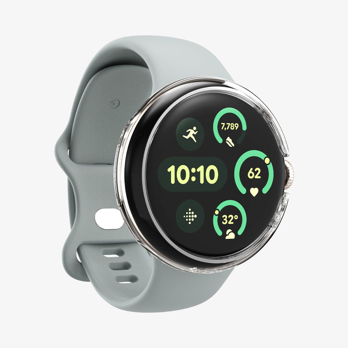 ACS07391 - Pixel Watch 2 Case Thin Fit in Crystal Clear showing the front and side installed on a watch