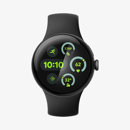 AFL08525 - Pixel Watch 3 (45mm) EliteShield EZ Fit in Clear showing the screen protector installed on the watch