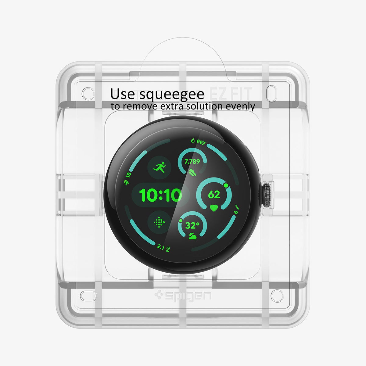 AFL08525 - Pixel Watch 3 (45mm) EliteShield EZ Fit in Clear showing the front of the watch face with screen film and screen protector attached ready to be installed