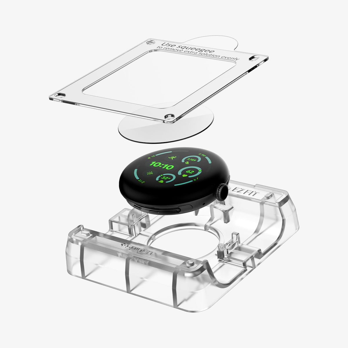 AFL08525 - Pixel Watch 3 (45mm) EliteShield EZ Fit in Clear showing the installation tray hovering above the screen protector and the face watch and bottom of installation tray, beside it, is the packaging