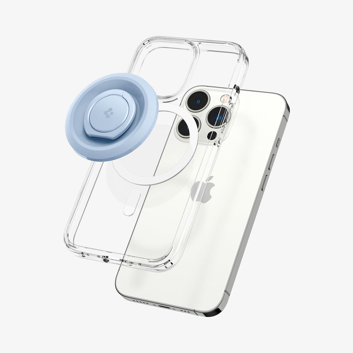 AMP05304 - O-Mag Magnetic Phone Holder (MagFit) in blue showing the O-Mag ring, magsafe compatible case and device