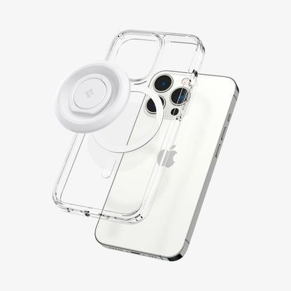AMP05303 - O-Mag Magnetic Phone Holder (MagFit) in white showing the O-Mag ring, magsafe compatible case and device