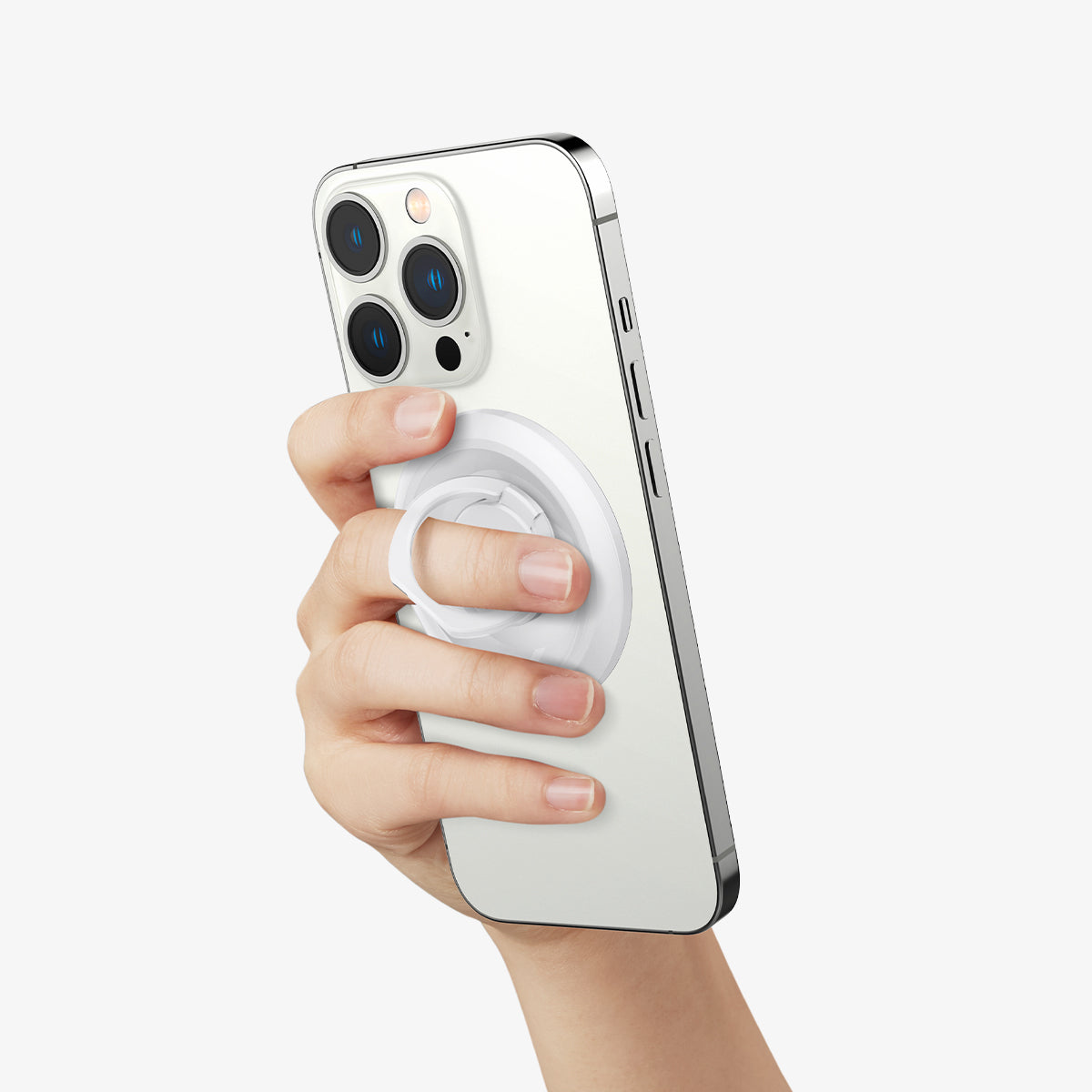 AMP05303 - O-Mag Magnetic Phone Holder (MagFit) in white showing the O-Mag attached to the back of device and hand using the ring for stability