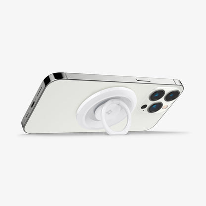 AMP05303 - O-Mag Magnetic Phone Holder (MagFit) in white showing the device being propped up horizontally by built in kickstand