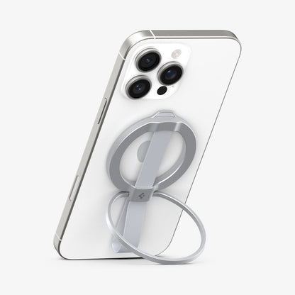 AMP10193 - O-Mag Magnetic Phone Holder (MagFit) | OM103 in Silver showing the front, attached to the back of the device propped up as a kickstand