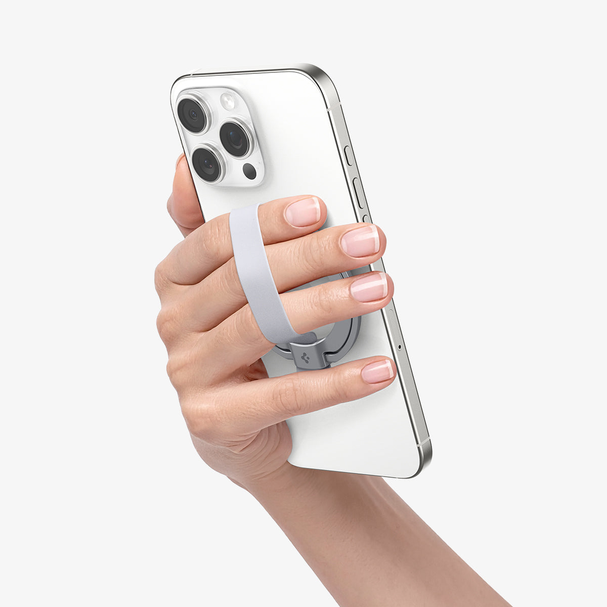 AMP10193 - O-Mag Magnetic Phone Holder (MagFit) | OM103 in Silver showing a person holding the ring holder attached to the device