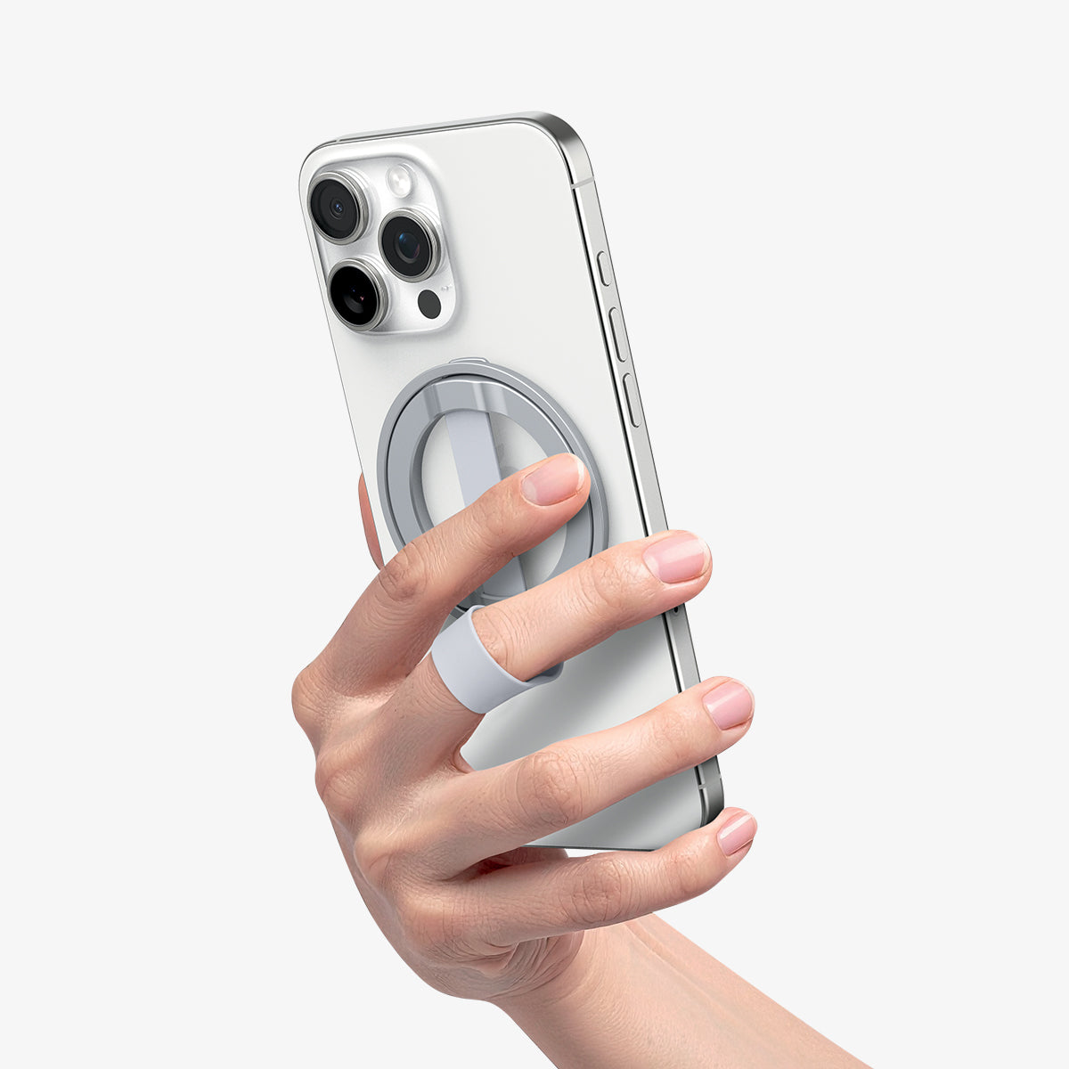 AMP10193 - O-Mag Magnetic Phone Holder (MagFit) | OM103 in Sliver showing a person holding the ring holder attached to the device