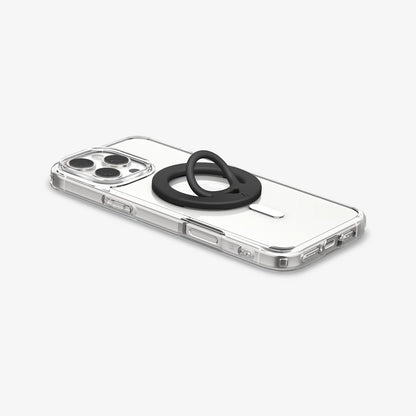 AMP08886 - O-Mag | Dual Pop (Mag Fit) OM105 in Black showing the back, partial side and bottom of the device with the case magring attached