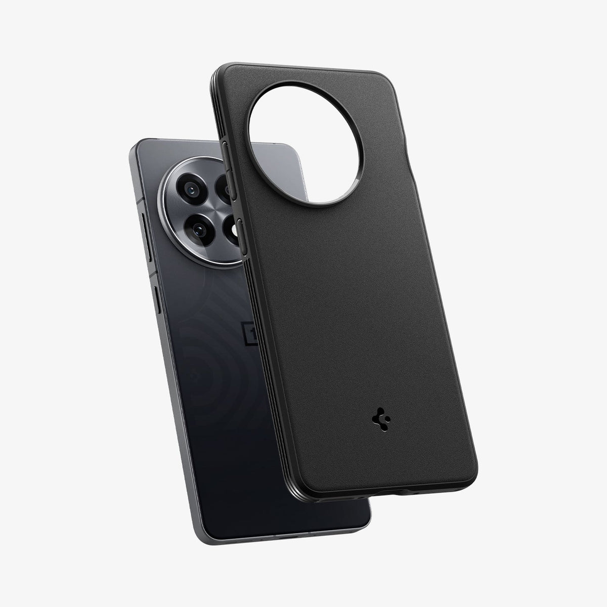 ACS09369 - OnePlus 13R Case Sand Blast in Matte Black showing the back, partial side and bottom hovering above the device